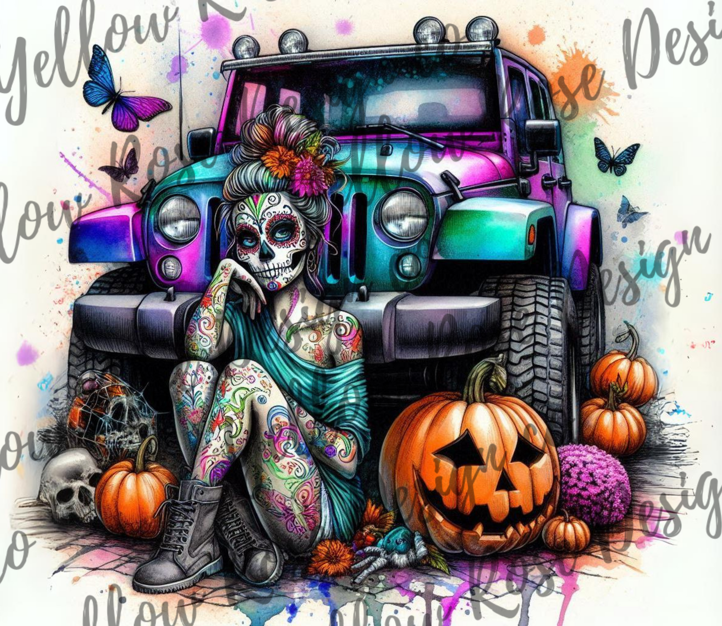 Halloween jeep sugarskull spooky, duck jeep tumbler wrap png