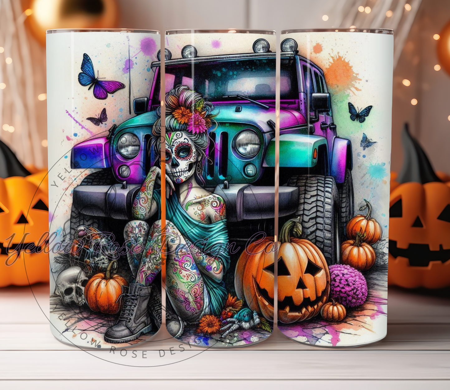 Halloween jeep sugarskull spooky, duck jeep tumbler wrap png